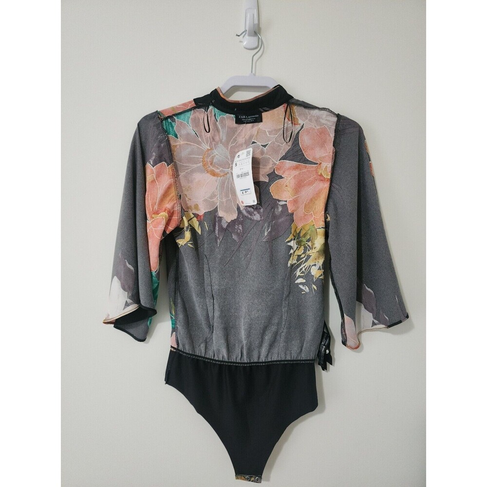 NWT $45 Zara Accessories Womens Blouse Bodysuit Black Orange Green Floral Size S - Picture 4 of 12